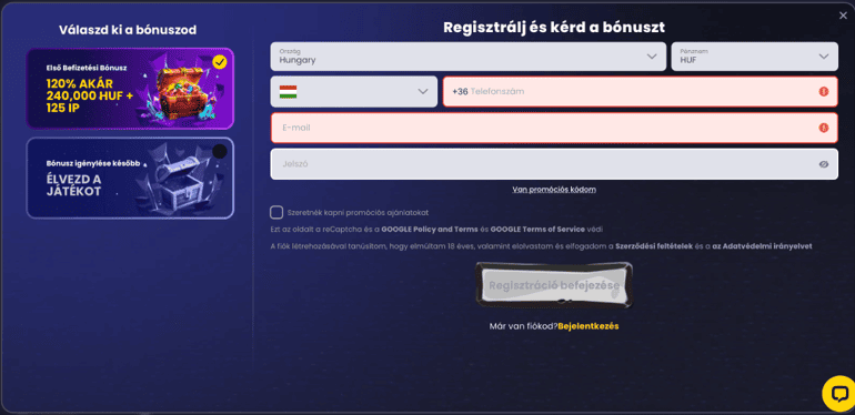A belépés és a regisztráció Slotsgem